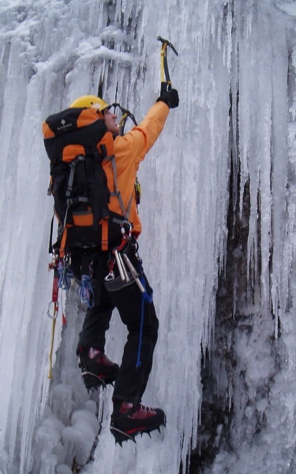 Neuropsychology Researcher Shawn Desjardins free soloing alpine ice demonstrating optimal fear alignment and calibration
